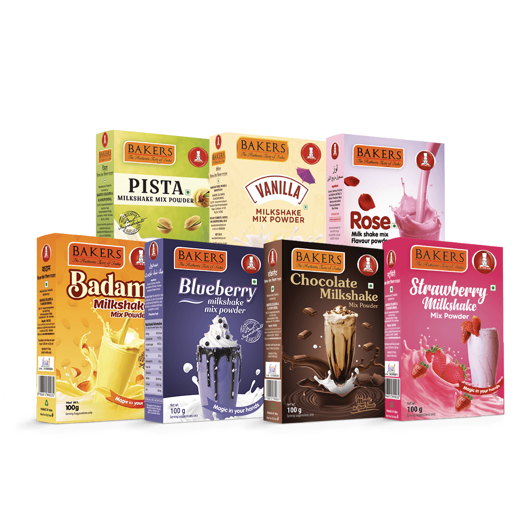 BAKERS Milkshake Mix Powder Flavour (Pack of 7) BS + Blue+ Choco + Straw + Pista + Vanilla + Rose (100 gm x 7) - Pluugin Store