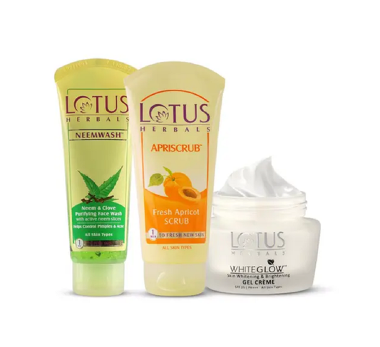 Lotus Herbals Purfiying, Cleansing, Exfoliating & Brightening Combo - Whiteglow Gel Cream, 40 g; Apriscrub Apricot Face Scrub, 60g; Neemwash Purifying Face Wash, 120g | For All Skin Types