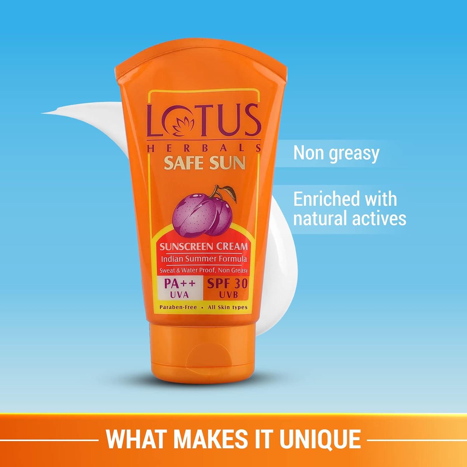 Lotus Safe Sun Sunblock SPF 30 PA++| Black Plum Extract| Suitable for Indian Summers, water proof, sweat proof, non greasy | 100g - PACK OF 2 - Global Plugin