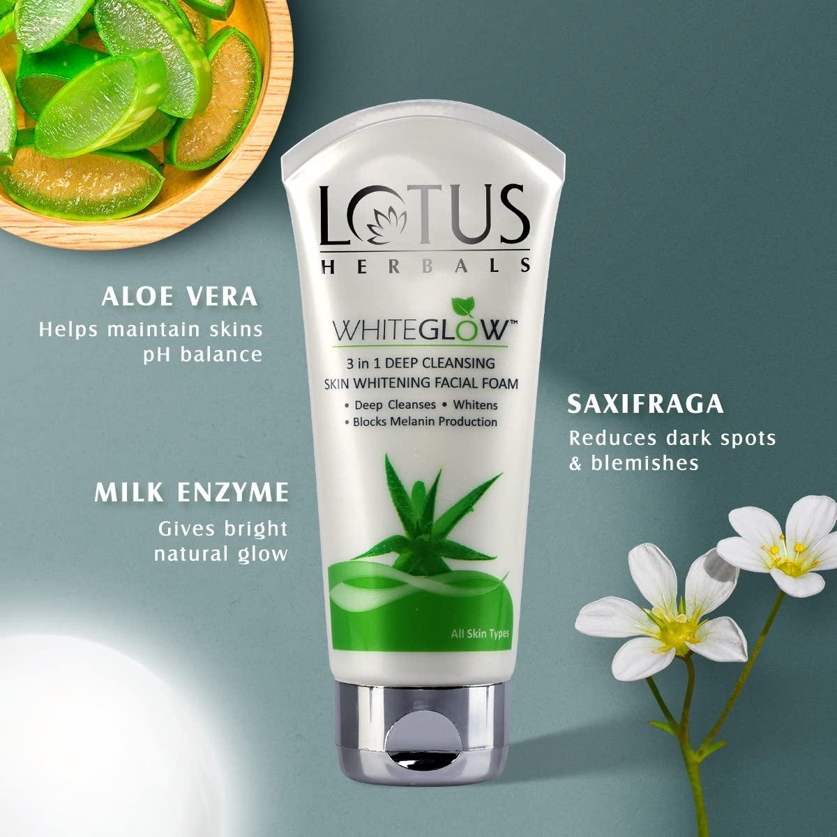 Lotus Herbals Whiteglow 3 In 1 Deep Cleaning Skin Whitening Facial Foam | Chemical Free | With Milk Enzymes & Aloe Vera Gel | For All Skin Types | 100g (Pack of 2) - Global Plugin