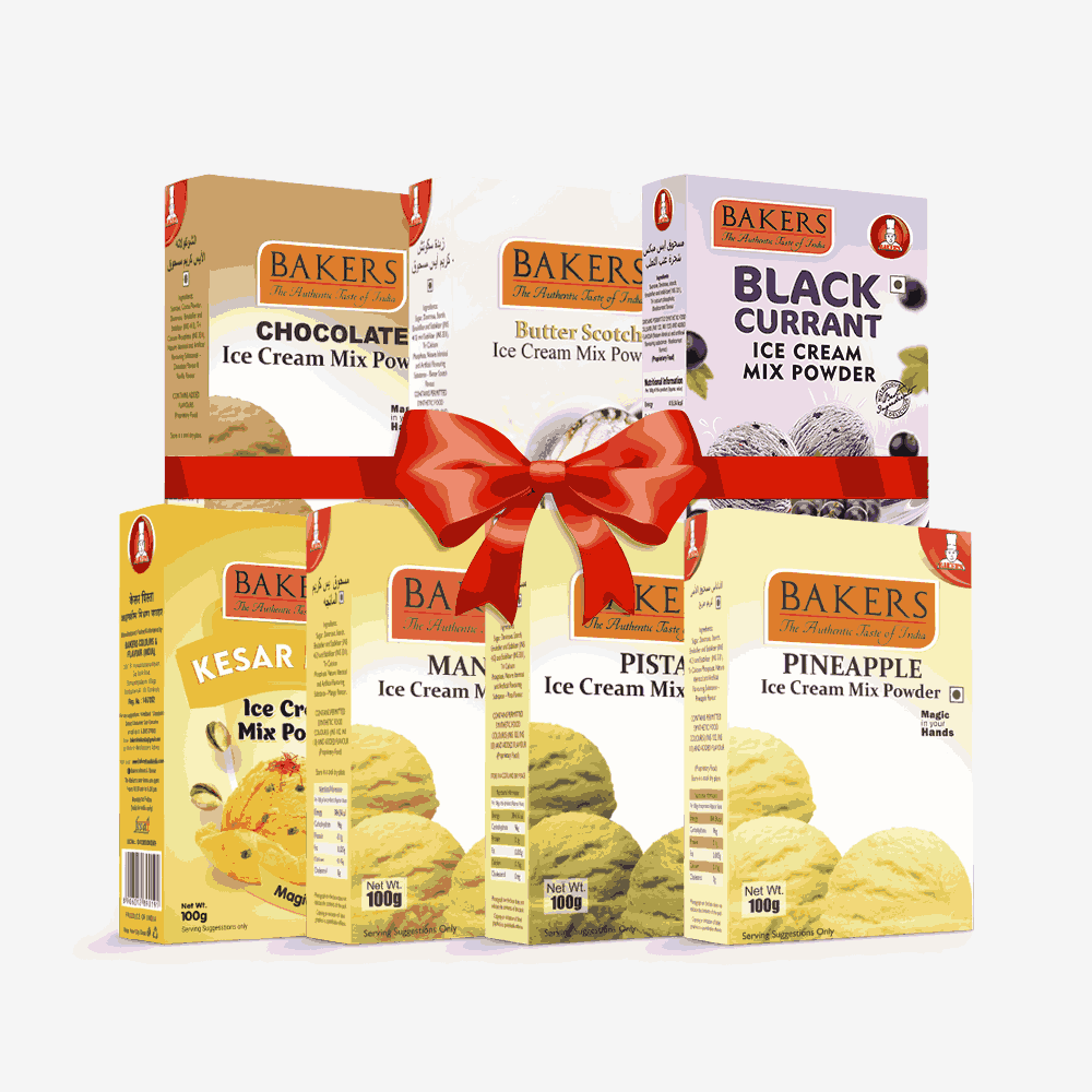 BAKERS Ice Cream Mix Powder - Black Currant + Butter Scotch + Chocolate + Kesar Pista + Pineapple + Pista + Mango  Pack of 7 Pluugin Store