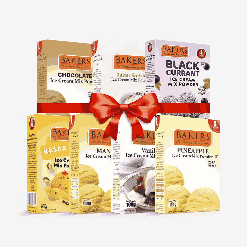 BAKERS Ice Cream Mix Powder - Black Currant + Butter Scotch + Chocolate + Kesar Pista + Pineapple + Vanilla + Mango  Pack of 7 Pluugin Store