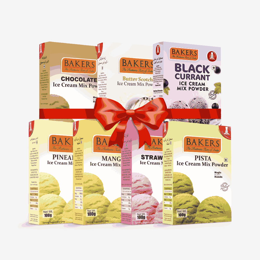 BAKERS Ice Cream Mix Powder - Black Currant + Butter Scotch + Chocolate + Pineapple + Pista + Strawberry + Mango  Pack of 7 Pluugin Store