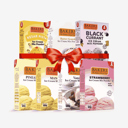 BAKERS Ice Cream Mix Powder - Black Currant + Butter Scotch + Kesar Pista + Pineapple + Strawberry + Vanilla + Mango  Pack of 7 Pluugin Store