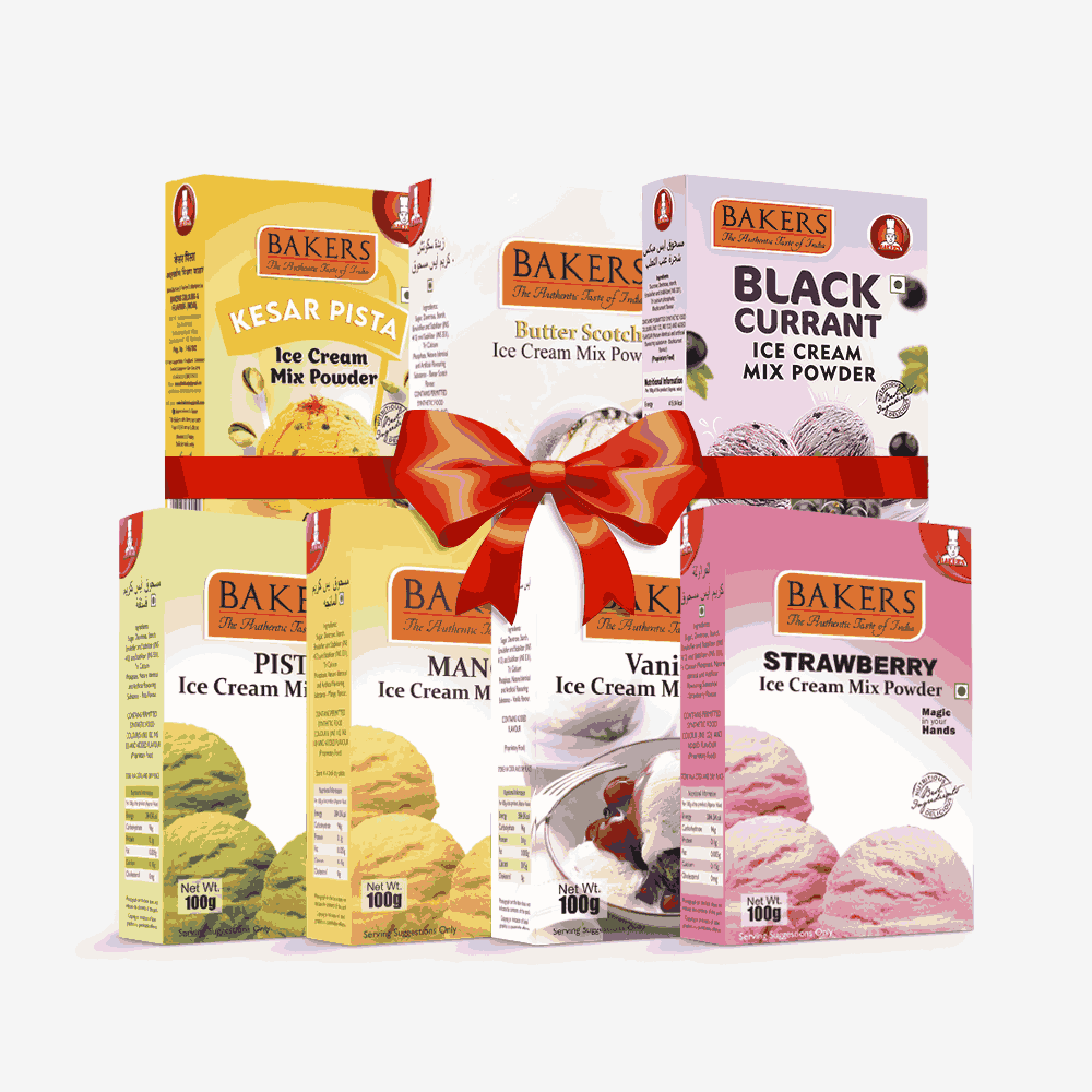 BAKERS Ice Cream Mix Powder - Black Currant + Butter Scotch + Kesar Pista + Pista + Strawberry + Vanilla + Mango  Pack of 7 Pluugin Store