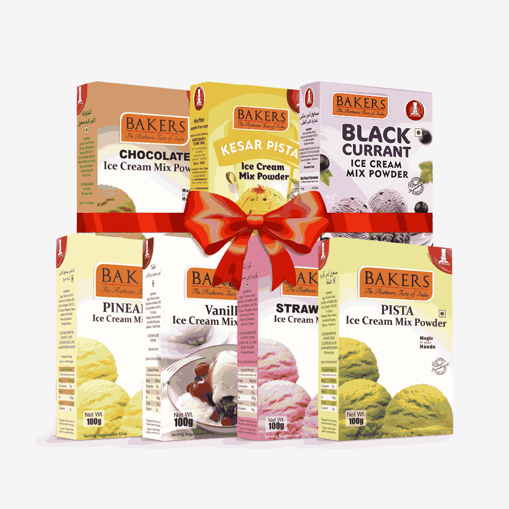 BAKERS Ice Cream Mix Powder - Black Currant + Chocolate + Kesar Pista + Pineapple + Pista + Strawberry + Vanilla  Pack of 7 Pluugin Store