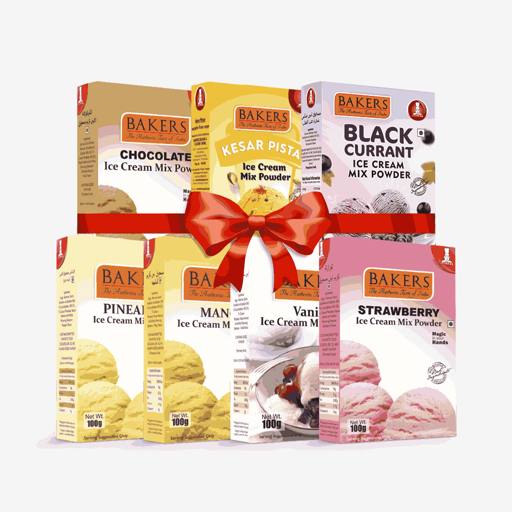 BAKERS Ice Cream Mix Powder - Black Currant + Chocolate + Kesar Pista + Pineapple + Strawberry + Vanilla + Mango  Pack of 7 Pluugin Store