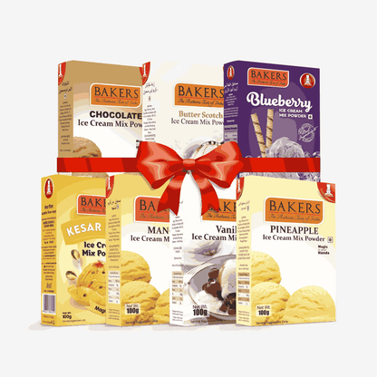 BAKERS Ice Cream Mix Powder - Blueberry + Butter Scotch + Chocolate + Kesar Pista + Pineapple + Vanilla + Mango  Pack of 7 Pluugin Store