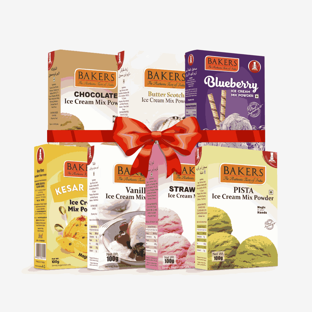 BAKERS Ice Cream Mix Powder - Blueberry + Butter Scotch + Chocolate + Kesar Pista + Pista + Strawberry + Vanilla  Pack of 7 Pluugin Store
