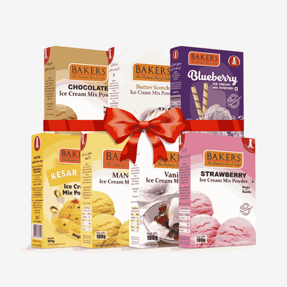BAKERS Ice Cream Mix Powder - Blueberry + Butter Scotch + Chocolate + Kesar Pista + Strawberry + Vanilla + Mango  Pack of 7 Pluugin Store