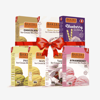 BAKERS Ice Cream Mix Powder - Blueberry + Butter Scotch + Chocolate + Pista + Strawberry + Vanilla + Mango  Pack of 7 Pluugin Store