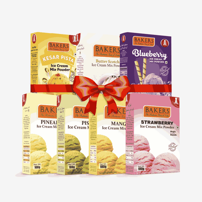 BAKERS Ice Cream Mix Powder - Blueberry + Butter Scotch + Kesar Pista + Pineapple + Pista + Strawberry + Mango  Pack of 7 Pluugin Store