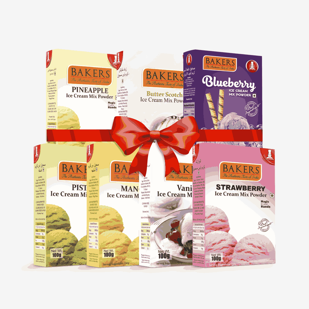 BAKERS Ice Cream Mix Powder - Blueberry + Butter Scotch + Pineapple + Pista + Strawberry + Vanilla + Mango  Pack of 7 Pluugin Store