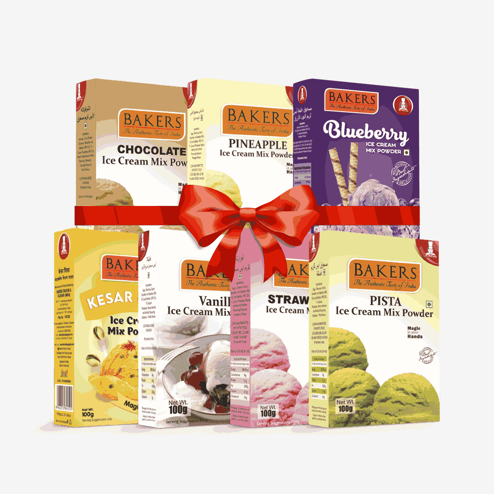 BAKERS Ice Cream Mix Powder - Blueberry + Chocolate + Kesar Pista + Pineapple + Pista + Strawberry + Vanilla  Pack of 7 Pluugin Store