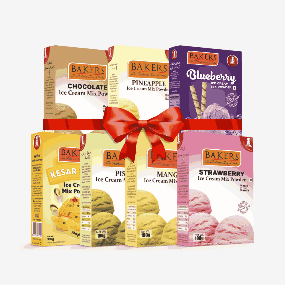 BAKERS Ice Cream Mix Powder - Blueberry + Chocolate + Kesar Pista + Pineapple + Pista + Strawberry + Mango  Pack of 7 Pluugin Store