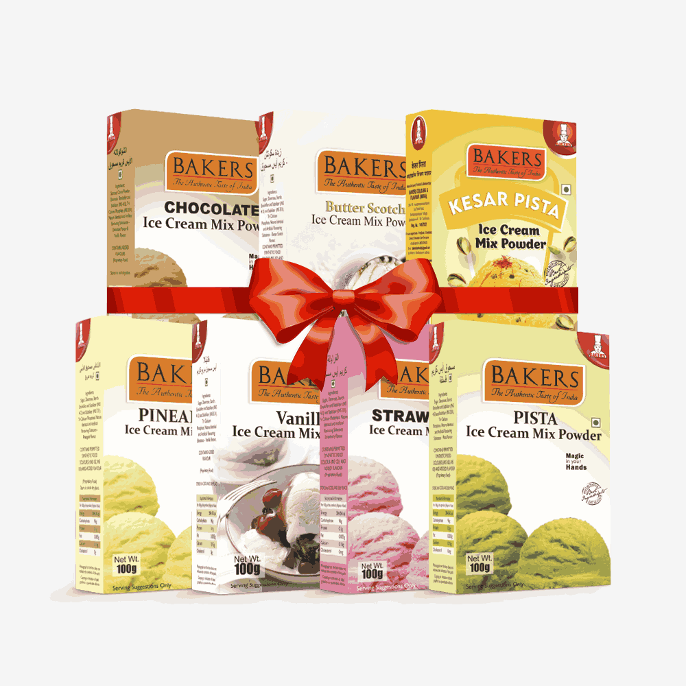 BAKERS Ice Cream Mix Powder - Butter Scotch + Chocolate + Kesar Pista + Pineapple + Pista + Strawberry + Vanilla  Pack of 7 Pluugin Store