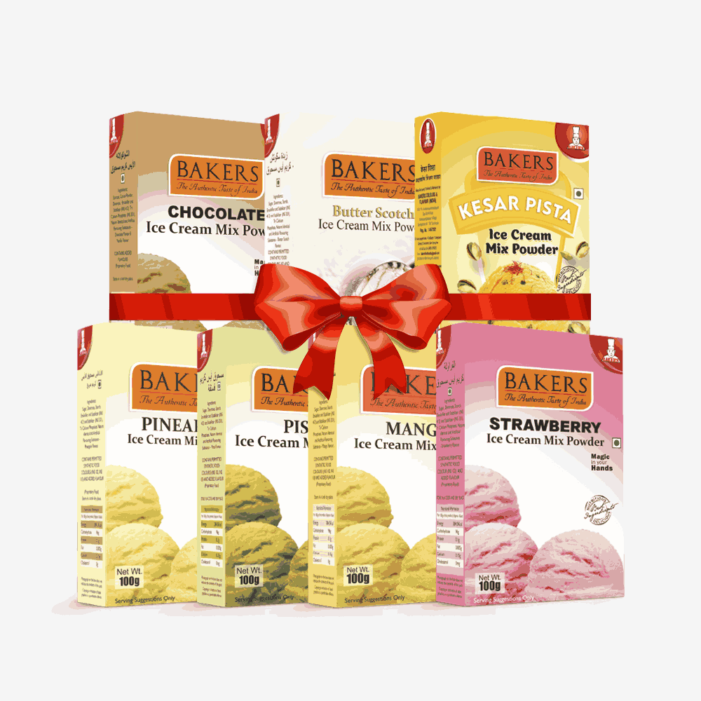 BAKERS Ice Cream Mix Powder - Butter Scotch + Chocolate + Kesar Pista + Pineapple + Pista + Strawberry + Mango  Pack of 7 Pluugin Store