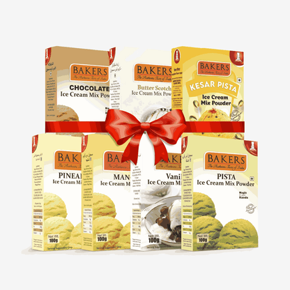 BAKERS Ice Cream Mix Powder - Butter Scotch + Chocolate + Kesar Pista + Pineapple + Pista + Vanilla + Mango  Pack of 7 Pluugin Store