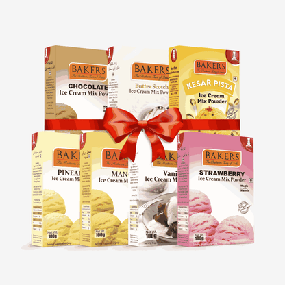 BAKERS Ice Cream Mix Powder - Butter Scotch + Chocolate + Kesar Pista + Pineapple + Strawberry + Vanilla + Mango  Pack of 7 Pluugin Store