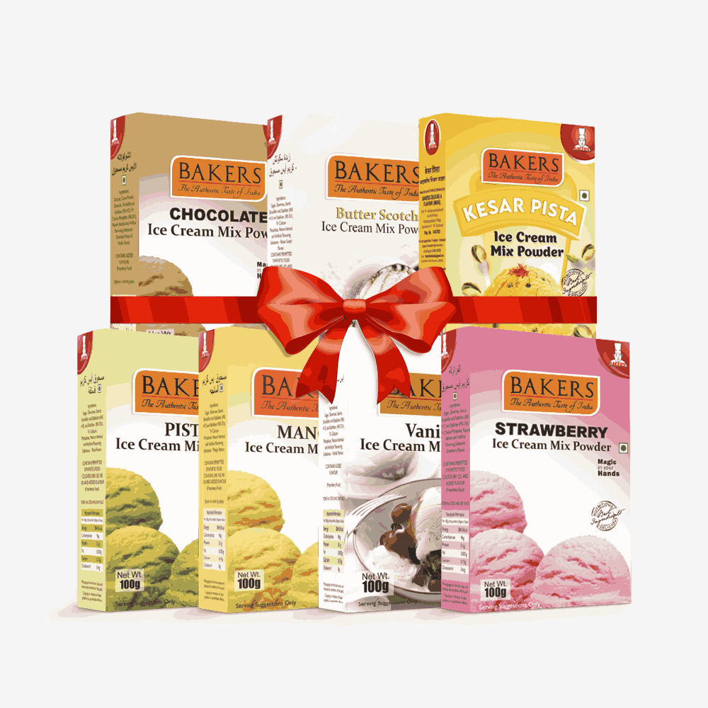 BAKERS Ice Cream Mix Powder - Butter Scotch + Chocolate + Kesar Pista + Pista + Strawberry + Vanilla + Mango  Pack of 7 Pluugin Store