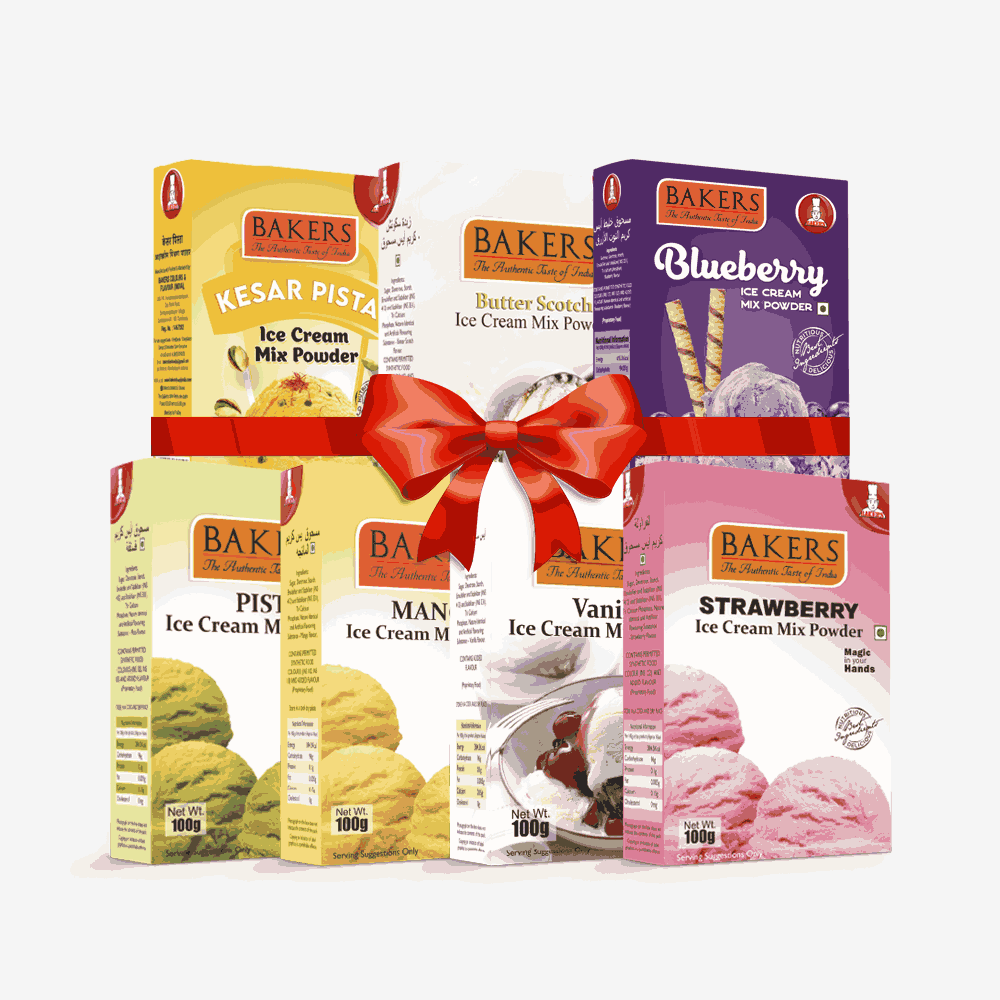 BAKERS Ice Cream Mix Powder - Butter Scotch + Kesar Pista + Pineapple + Pista + Strawberry + Vanilla + Mango  Pack of 7 Pluugin Store