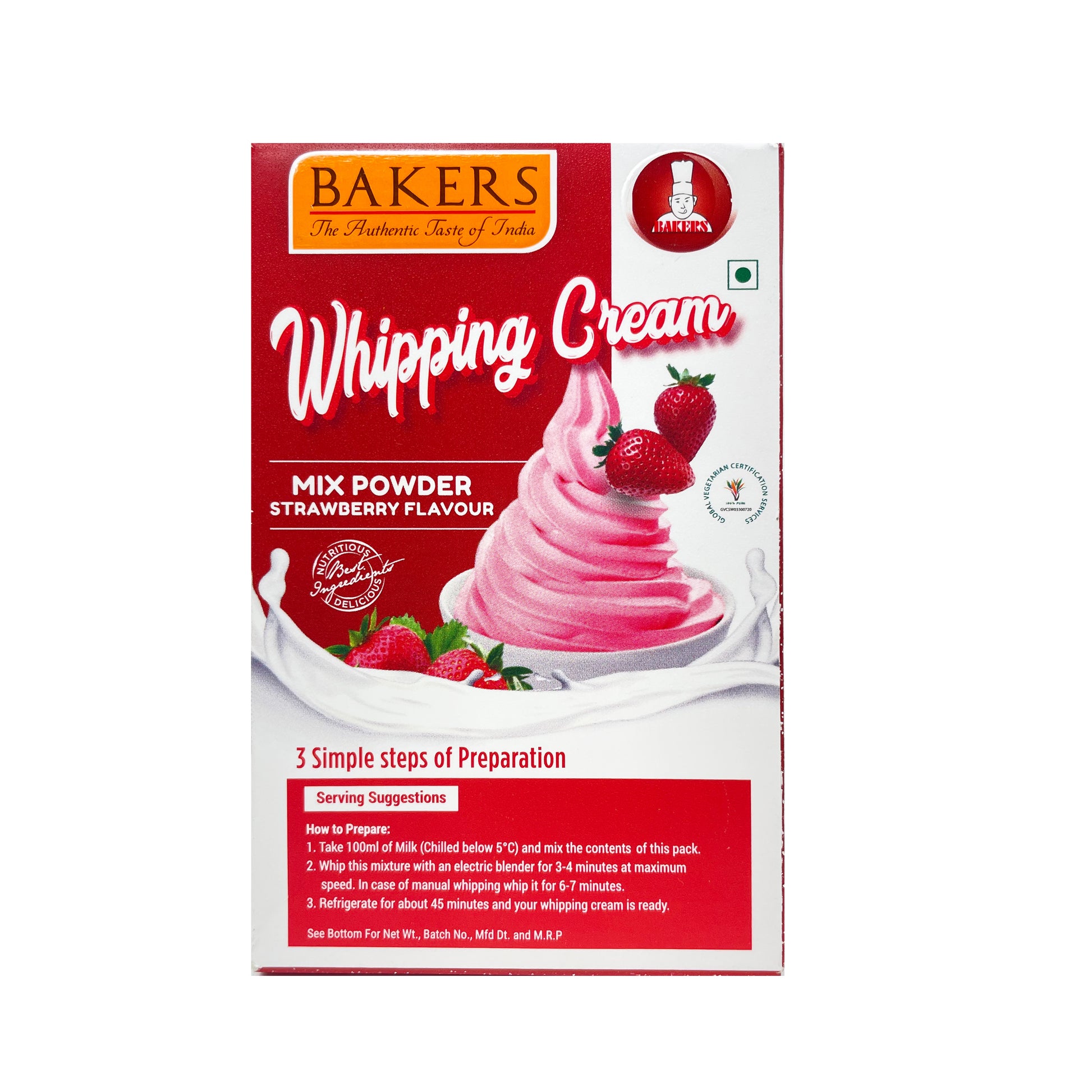 BAKERS Whipping Cream Strawberry Flavour 100% Veg for Cakes, Muffins, Cupcakes Pack of 3 (50 gm x 3) - Global Plugin