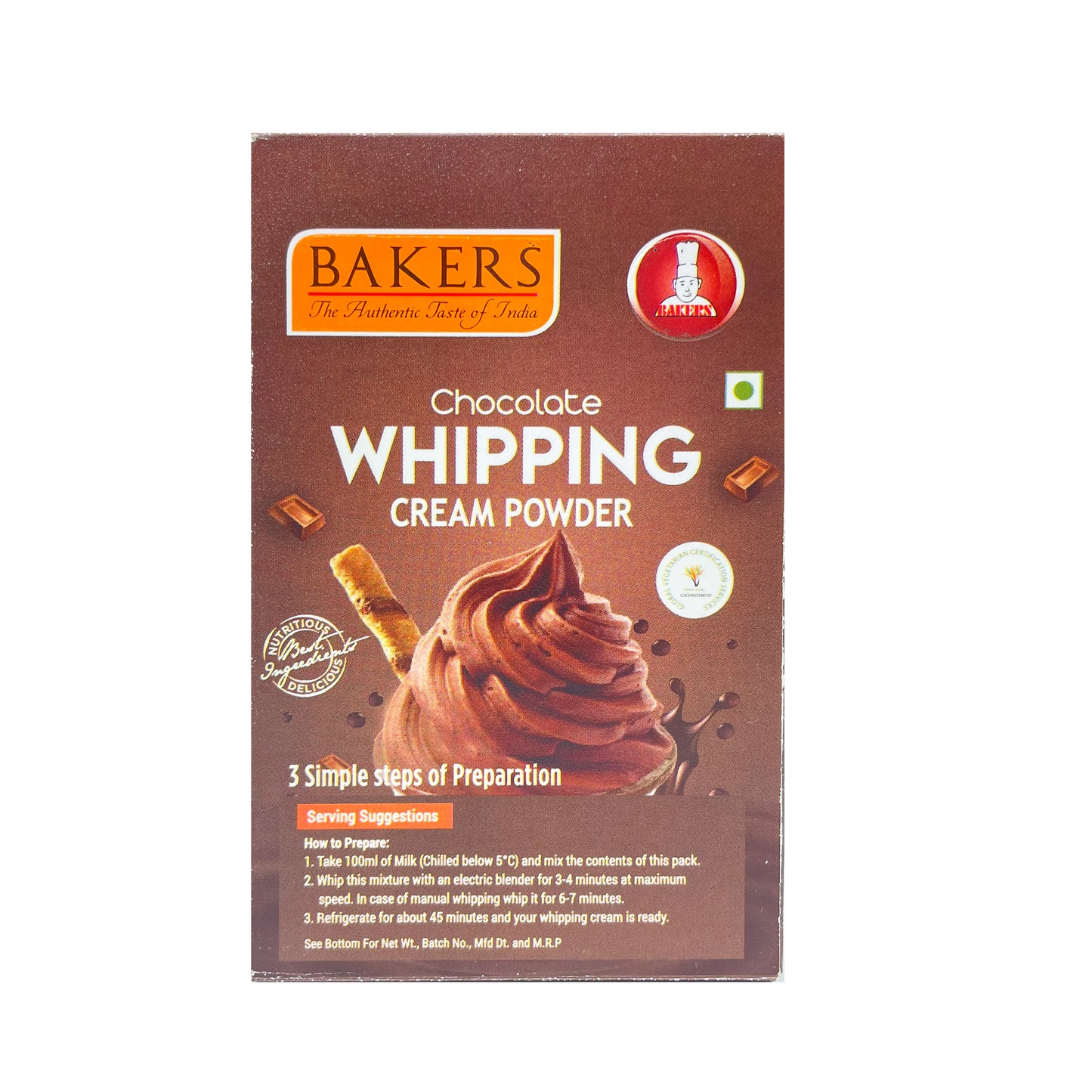 BAKERS Whipping Cream Chocolate Flavour 100% Veg for Cakes, Muffins, Cupcakes Pack of 3 (50 gm x 3) - Global Plugin