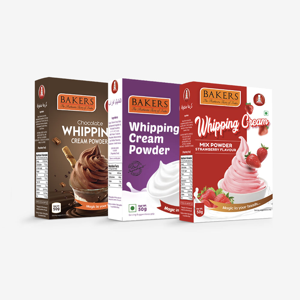 3-in-1 Whipping Cream - BAKERS Whipping Cream + Chocolate + Strawberry 50gm (Pack of 3)