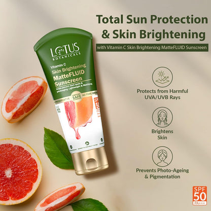 Lotus Botanicals Vitamin C Matte Fluid Sunscreen | Sun Protect & Skin Brightening | SPF 50 | PA+++ | 300x Vitamin C | For All Skin Types | 75g