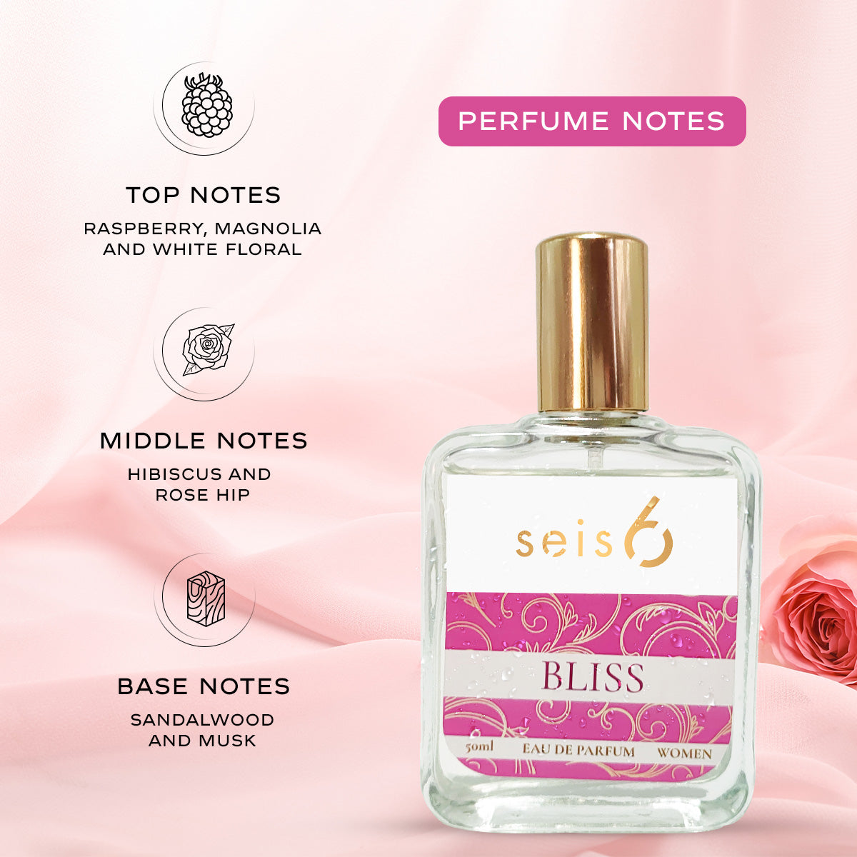 Bliss by Seis6 | Luxury Eau de Parfum for Women | 50 ML EDP| Notes of Raspberry, Magnolia & Sandalwood | Long-Lasting Fragrance | No Harsh Alcohols | Safe for All Skin Types | Suited for Every Occasion | Perfect Gifting Option Pluugin Store