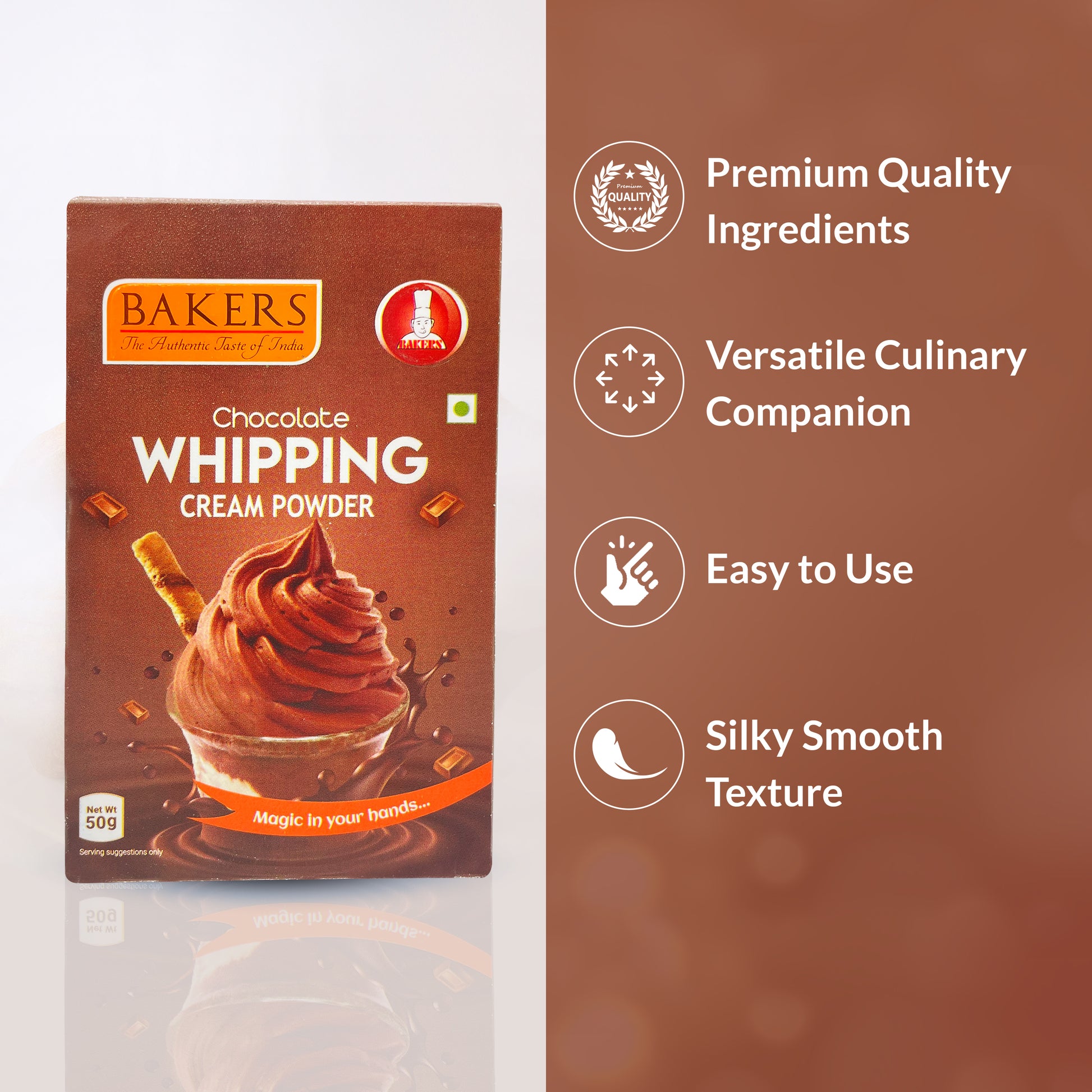 BAKERS Whipping Cream Chocolate Flavour 100% Veg for Cakes, Muffins, Cupcakes Pack of 3 (50 gm x 3) - Global Plugin