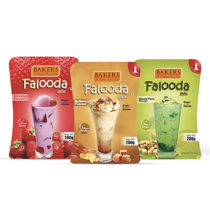 BAKERS Falooda Mix Powder Strawberry+ Elachi Pista + Butter Scotch Flavour (200 gm x 3)