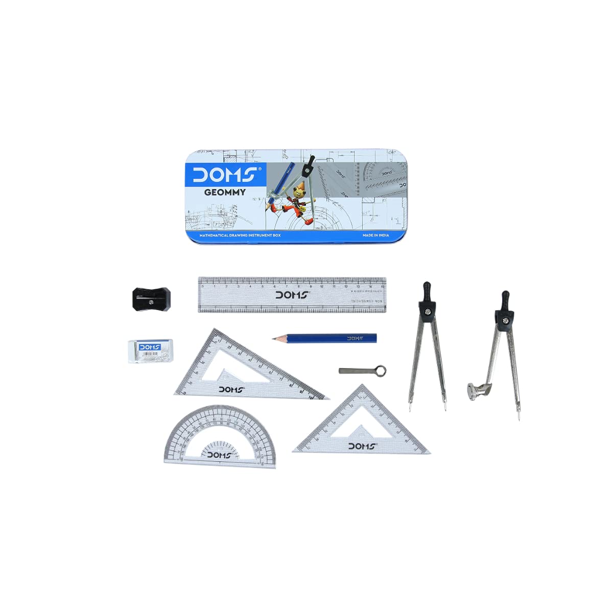 Doms Geommy Mathematical Drawing Instrument Box | Ensures Accuracy & Perfection | Geometry Box For Students | Set of 10 Instruments Pack of 10 (9+1 Free))