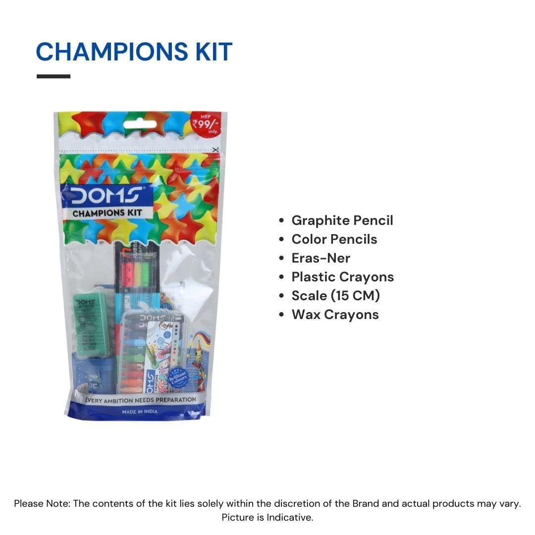 Doms Champions Kit | Perfect Value Pack | Kit for School Essentials | Gifting Range for Kids | Combination of 6 Stationery Items | Pack of 10 (9+1 Free)