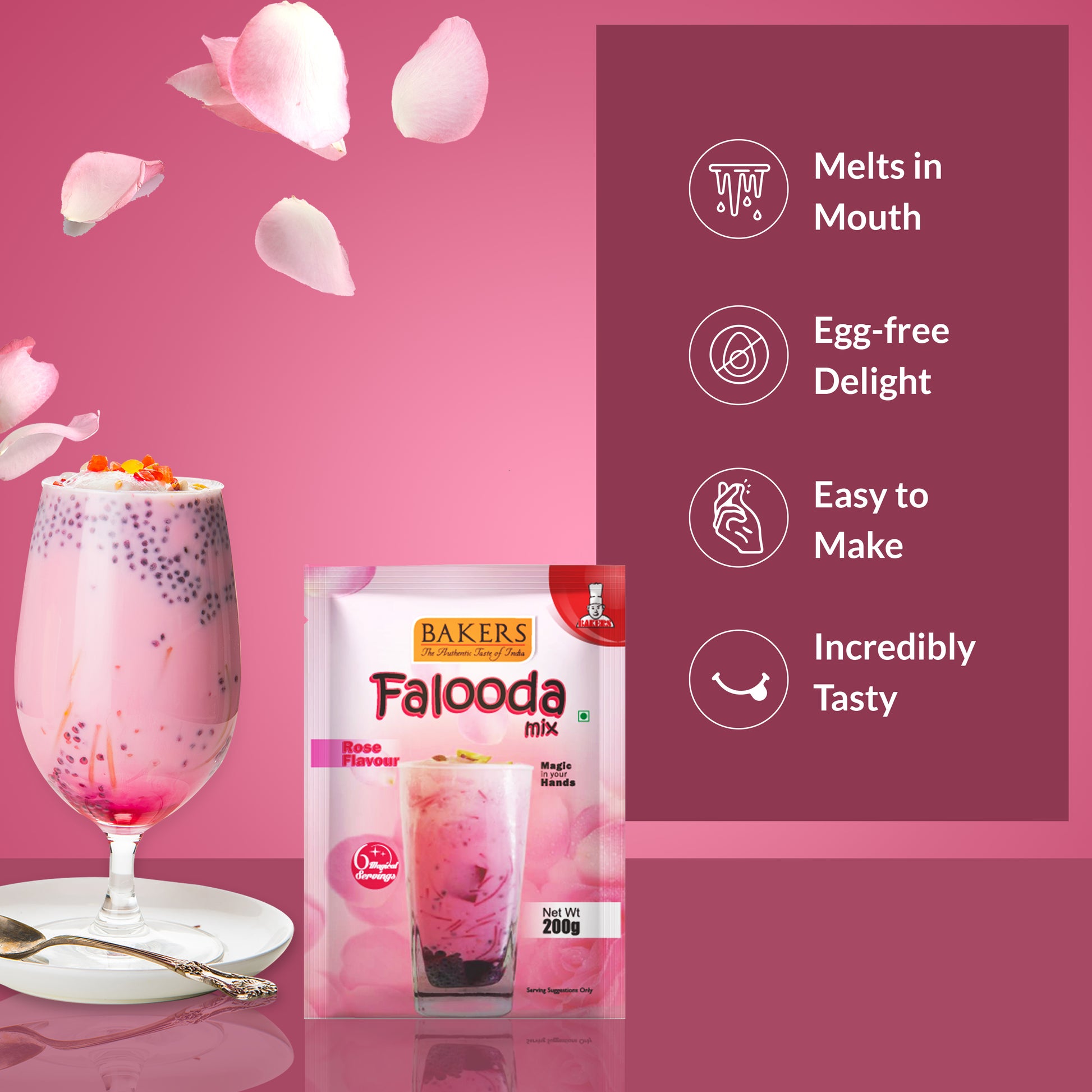 BAKERS Falooda Mix Powder Rose Flavour Pack of 3 (200 gm x 3) - Global Plugin