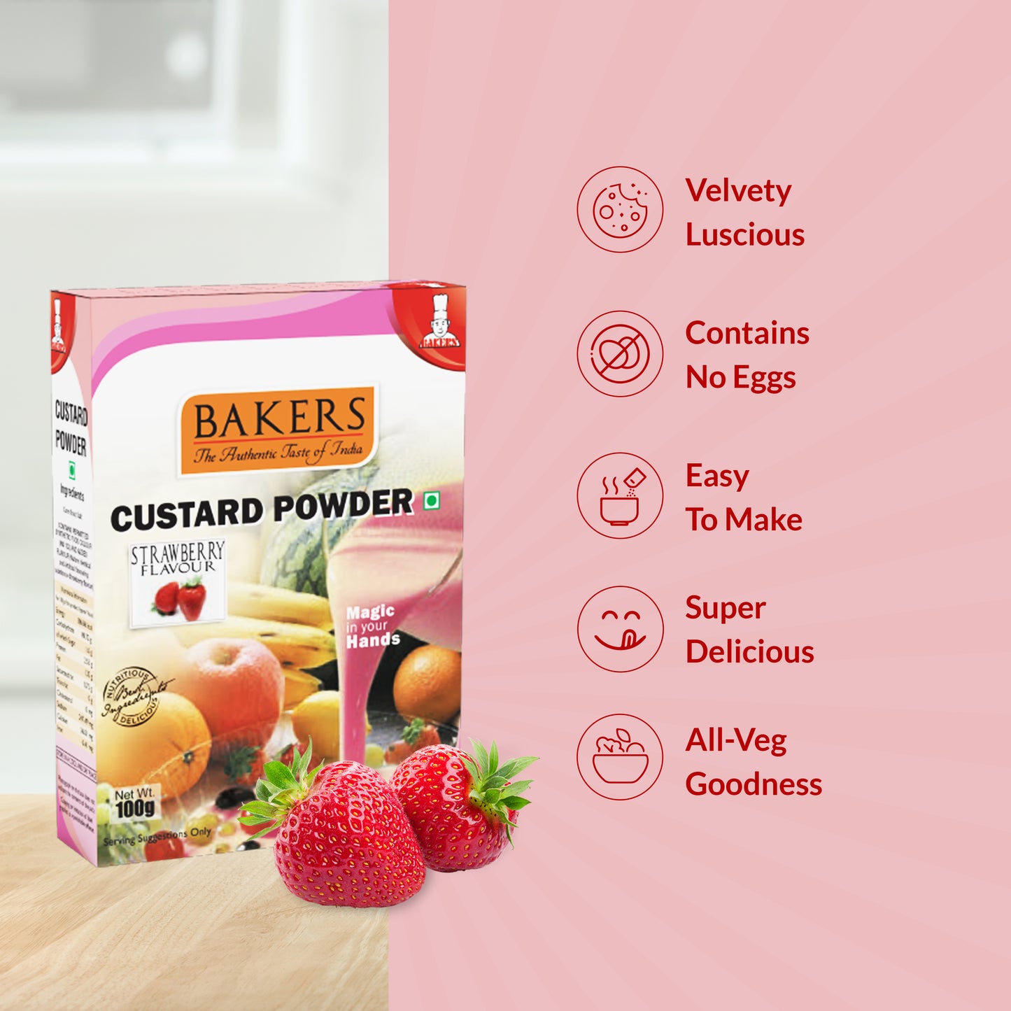 BAKERS Custard Powder Strawberry Flavour Pack of 3 (100 gm x 3) - Global Plugin