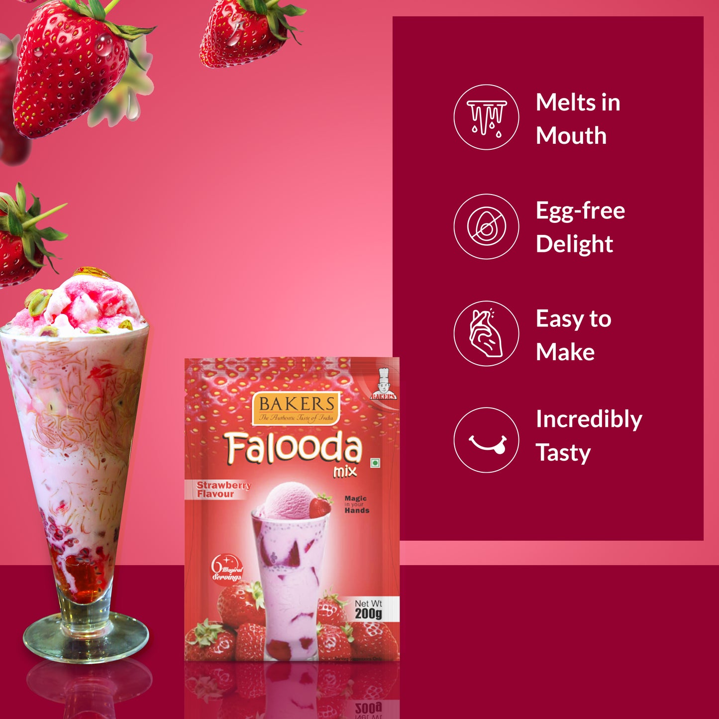 BAKERS Falooda Mix Powder Strawberry Flavour Pack of 3 (200 gm x 3) - Global Plugin