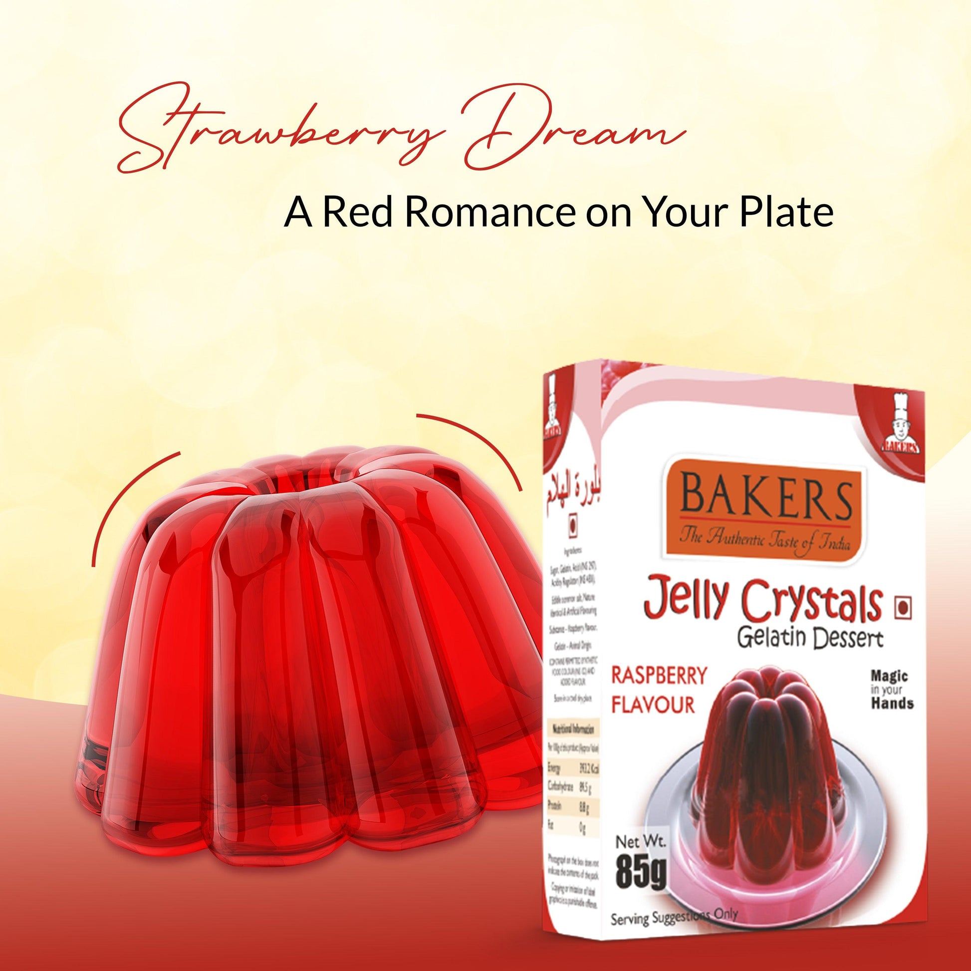 BAKERS Jelly Crystals (Gelatin Dessert) Strawberry Flavour Pack of 3 (85 gm x 3)