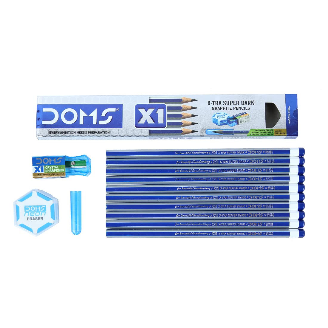 DOMS X1 Xtra Super Dark Pencils Box Pack|Hexagonal Shape For Easy Holding&Comfort|Free Eraser|Scale&Pencil Cap Inside|Dark&Neat Handwriting|Pack Of 10 Pencils|Black