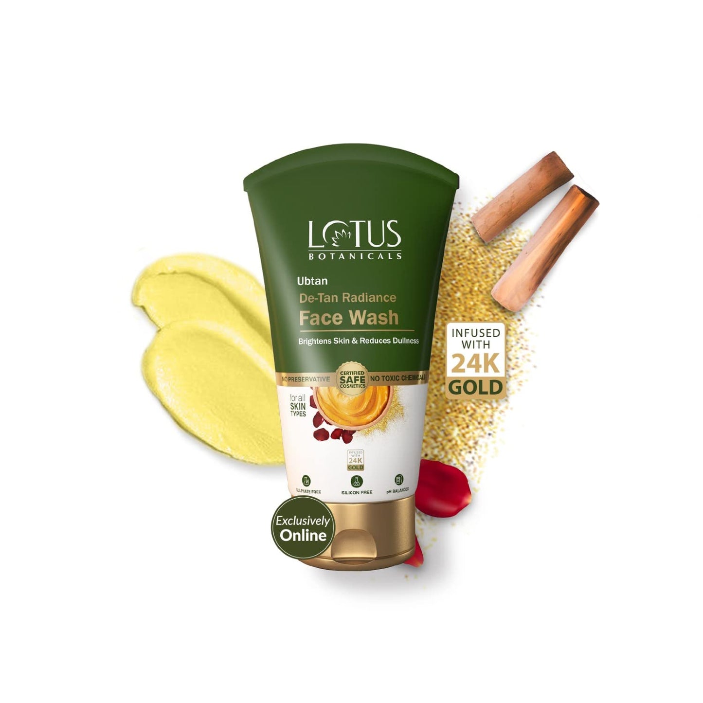 Lotus Botanicals Ubtan De-Tan Radiance Face Wash | Infused with 24K Gold | For Glowing & Rejuvenated Skin, Anti-Tan | No Silicon, No Sulphates, Non-Comedogenic, No Preservatives | 100ml