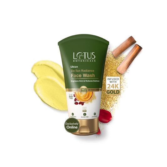 Lotus Botanicals Ubtan De-Tan Radiance Face Wash | Infused with 24K Gold | For Glowing & Rejuvenated Skin, Anti-Tan | No Silicon, No Sulphates, Non-Comedogenic, No Preservatives | 100ml