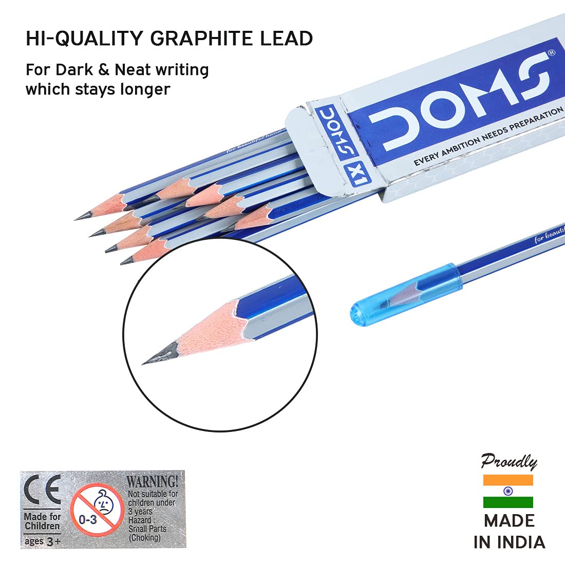 DOMS X1 Xtra Super Dark Pencils Box Pack|Hexagonal Shape For Easy Holding&Comfort|Free Eraser|Scale&Pencil Cap Inside|Dark&Neat Handwriting|Pack Of 10 Pencils|Black