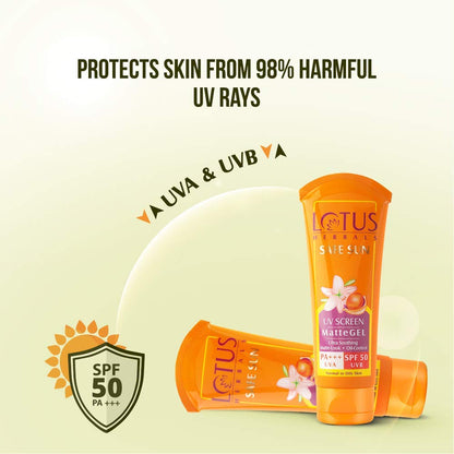 Lotus Herbals Safe Sun Uv Screen Mattegel Ultra Soothing Sunscreen | PA+++ | SPF 50 | Matte Look | Oil Control | For Normal to Oily Skin | 50g (Pack of 2)