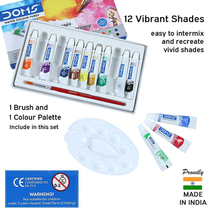 Doms Non-Toxic Water Colour Tube Set in Cardboard Box (12 Assorted Shades, 1 Paint Brush & 1 Palette)