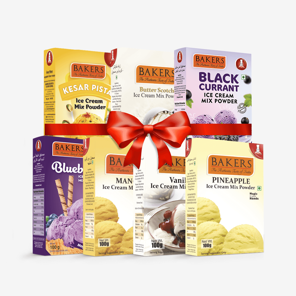 BAKERS Ice Cream Mix Powder - Black Currant + Blueberry + Butter Scotch + Kesar Pista + Pineapple + Vanilla + Mango Pack of 7 - Pluugin Store