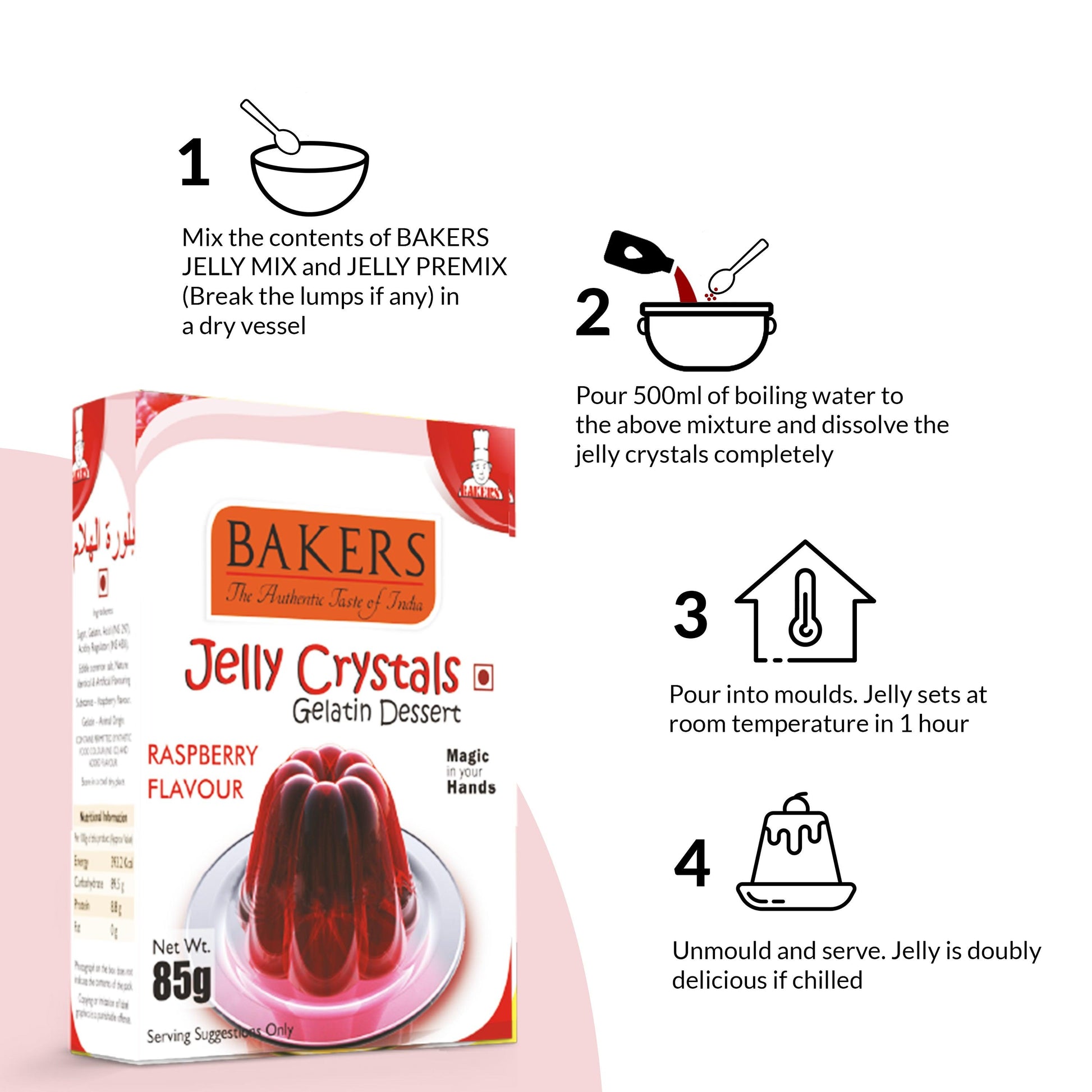 BAKERS Jelly Crystals (Gelatin Dessert) Raspberry Flavour Pack of 3 (85 gm x 3)