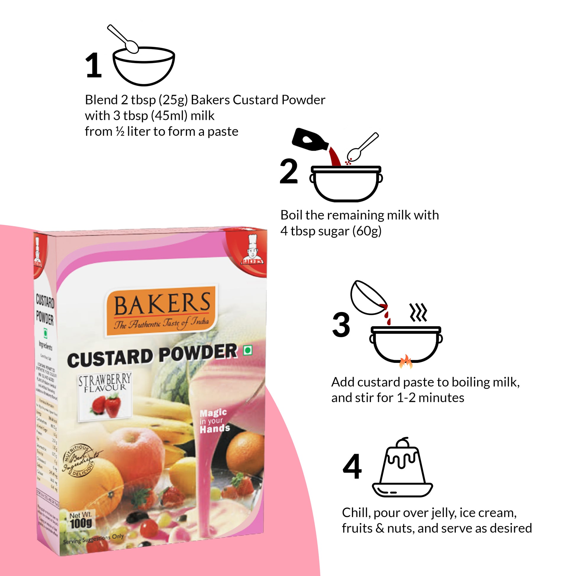 BAKERS Custard Powder Strawberry Flavour Pack of 3 (100 gm x 3) - Global Plugin