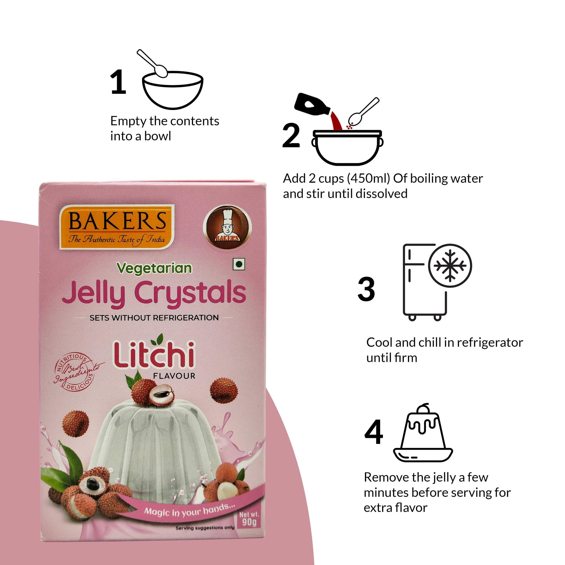 BAKERS Jelly Crystals Litchi Flavour  Pack of 3 (90 gm x 3)