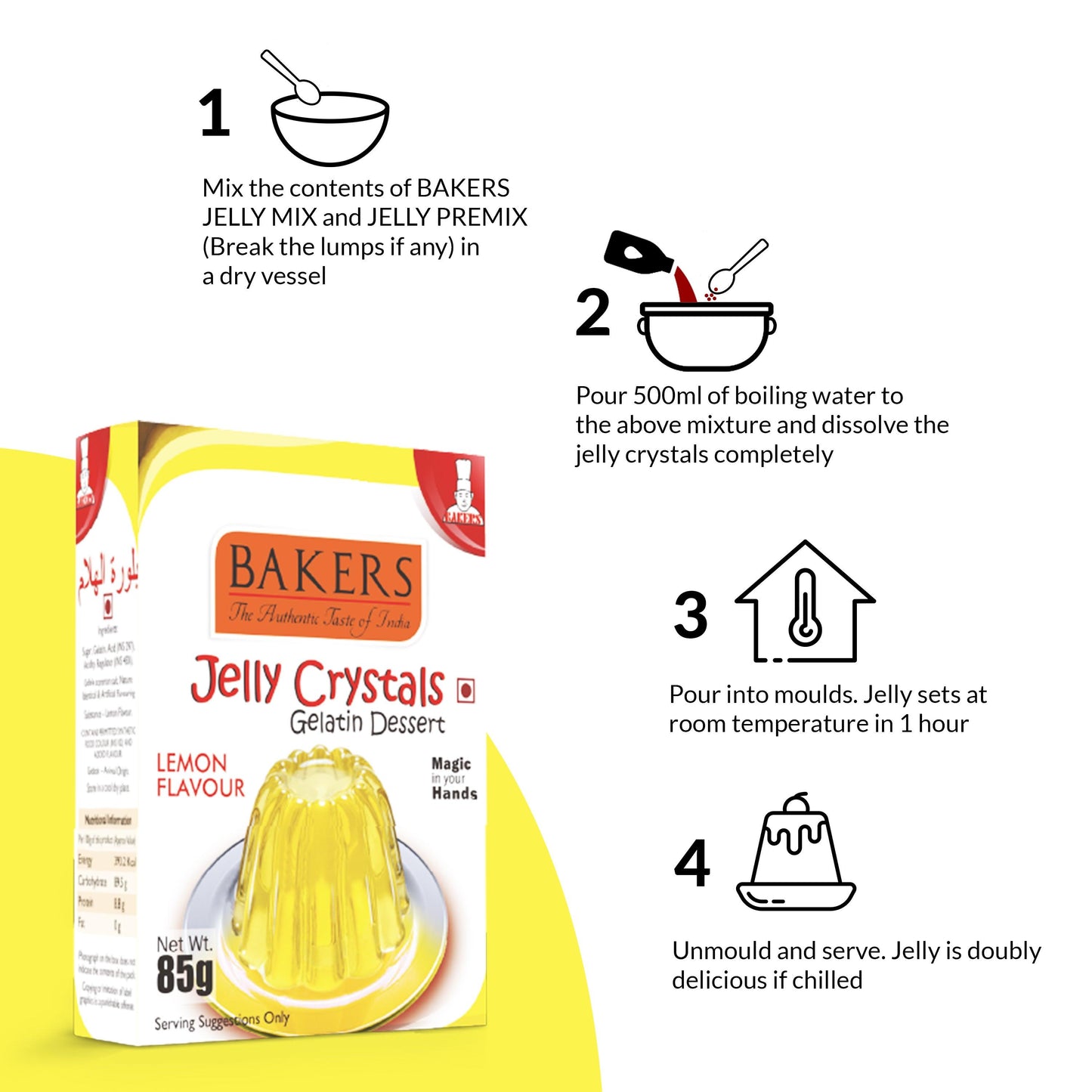 BAKERS Jelly Crystals (Gelatin Dessert) Lemon Flavour Pack of 3 (85 gm x 3) - Global Plugin