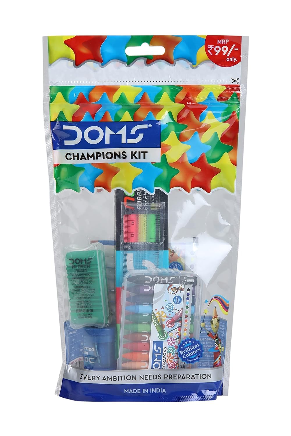 Doms Champions Kit | Perfect Value Pack | Kit for School Essentials | Gifting Range for Kids | Combination of 6 Stationery Items | Pack of 10 (9+1 Free)